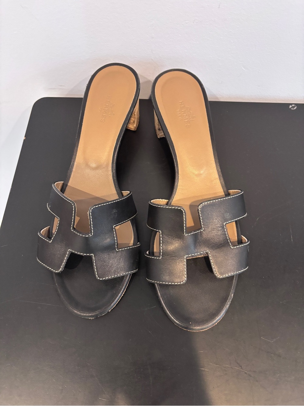 Hermes Black Leather Oran Cutout Slide Sandals
